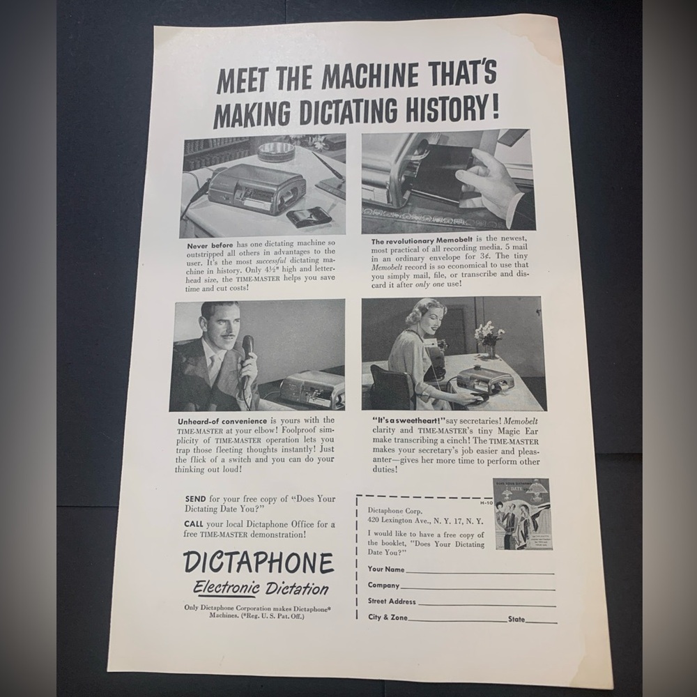 Vintage 1950 Dictaphone Electronic Dictation Ad Advertisment